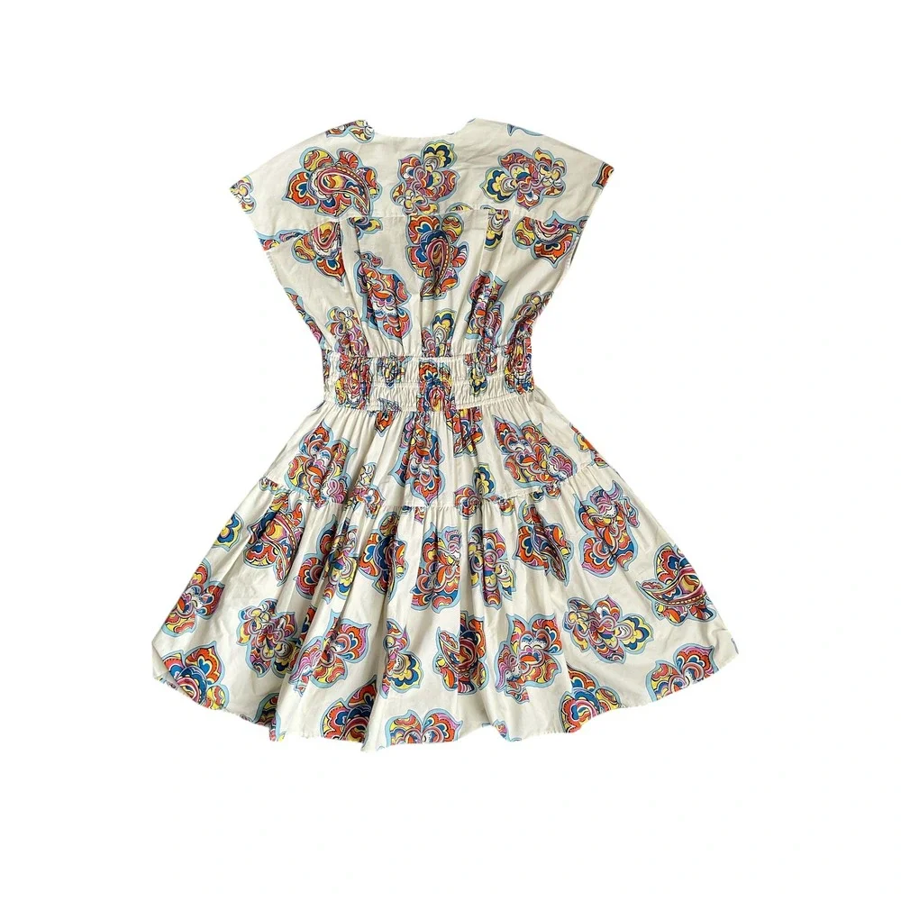 Derek Lam 10 Crosby Tora Ivory‎ Paisley Tiered Smocked Waist Mini Dress Sz 8